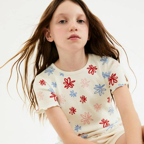 BLUSA INFANTIL MENINA MANGA CURTA EM RIBANA ESTAMPADA 5D1M